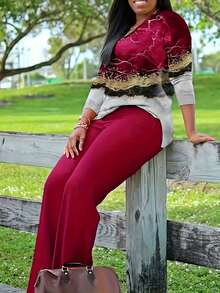 2 Pieces Set: V-Neck Long Sleeve Printed Casual T-Shirt + Pants Spring Elegant - Burgundy - View 3