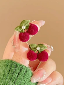 2pcs Red Cherry Small Hair Clips, Velvet Bangs Side Clips, Princess Hair Accessories - Multicolor - View 2
