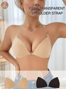 Women's Reusable Black/Colored Self-Adhesive Bra, Fashionable Dress-Style Push-Up Bra With Triangle-Shaped Cups, No Straps Or Shoulder Straps, Silicone Breast Pads, Sexy Lingerie Accessory, Includes A Removable Transparent Strap, Seamless Nude-Colored Lingerie With Button Design, Suitable For Dresses, Parties, Weddings, Formal Wear, Or Everyday Wear.