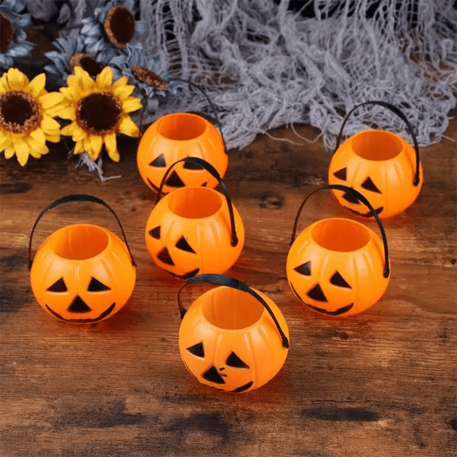 6 Peças Balde de Plástico em Forma de Abóbora, Balde de Abóbora para Truque ou Travessura do Halloween com Alça de Plástico, Adequado para Decoração do Halloween ou Armazenamento de Doces, Armazenamento de Enfeites