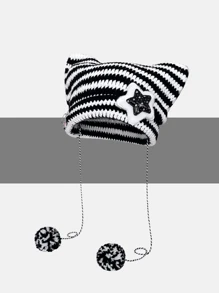 1 Peça Gorro Punk Gótico Y2K Fofo Preto e Branco com Listras e Orelhas de Gato, Gorro de Lã para Mulheres no Outono e Inverno, Gorro de Tricô e Crochê Diabo Pequeno Quente