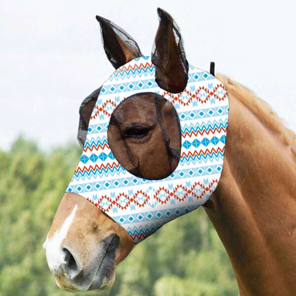 Máscara de licra con estampado azul niebla para equitación, súper suave, elástica y a prueba de mosquitos, tapa para la cabeza del caballo (M, L)