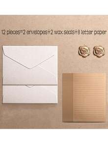 12/16/32/48pcs Vintage Linen Texture Envelope Letter Paper Set, Kraft Special Paper Invitation Cards & Postcards, Wax Seal Envelopes, Business Mailing Envelopes, Handwritten Greeting Letter Paper