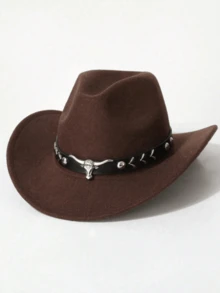 Chapéu de cowboy clássico unissex com detalhe prateado em formato de touro, ideal para uso casual, festas temáticas de cowboy e eventos em bares com temática country. - Chapéu de couro preto Arrow - Ver 3
