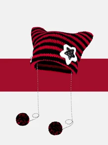 1 Peça Gorro Punk Gótico Y2K Fofo Preto e Branco com Listras e Orelhas de Gato, Gorro de Lã para Mulheres no Outono e Inverno, Gorro de Tricô e Crochê Diabo Pequeno Quente