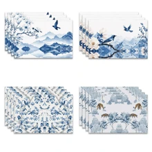 Set de 4 o 6 individuales, decoración del hogar, individual de lino estilo moderno de porcelana azul y blanca impresa, adecuado para mesas de comedor, decoración versátil de temporada en primavera, verano, otoño e invierno, individual de mesa lavable de estilo moderno, resistente al calor, resistente a las manchas, decoración de habitación, individual, posavasos, individual de mesa de cocina, decoración de fiesta, decoración del hogar, regalo ideal