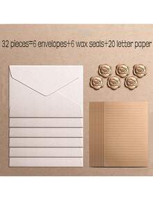 12/16/32/48pcs Vintage Linen Texture Envelope Letter Paper Set, Kraft Special Paper Invitation Cards & Postcards, Wax Seal Envelopes, Business Mailing Envelopes, Handwritten Greeting Letter Paper