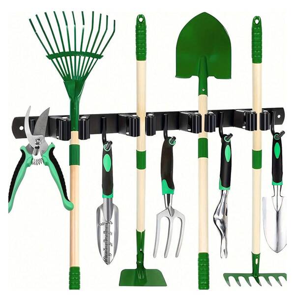 1pc Mop And Broom Holder, Wall Mount 4 Racks And 5 Hooks Broom Organizer, Tool Storage Racks, Stainless Steel Heavy Duty Hooks, For Home Kitchen Garden Laundry Garage