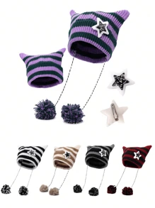 1 Peça Gorro Punk Gótico Y2K Fofo Preto e Branco com Listras e Orelhas de Gato, Gorro de Lã para Mulheres no Outono e Inverno, Gorro de Tricô e Crochê Diabo Pequeno Quente