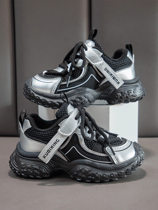 1 Pair Children's Black And Silver Color Block Mesh Sneakers, Suitable For Boys And Girls, Suitable For All Seasons Sports And Outdoor Activities, Spring, Summer, Autumn, And Winter