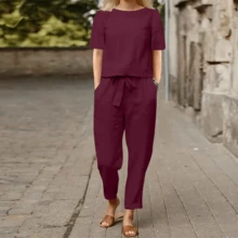 2pcs/Set Women Solid Color Crew Neck Long Sleeve T-Shirt And Sweatpants, Casual Lounge Set Summer - Burgundy - View 3
