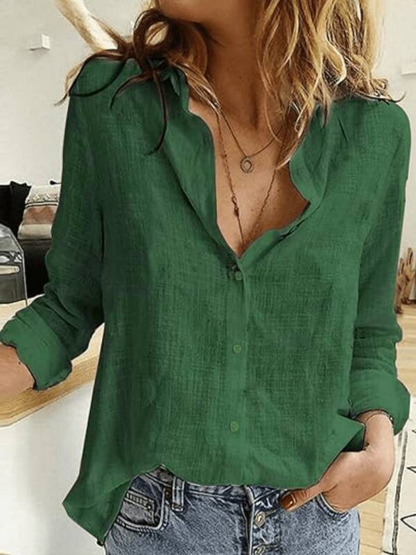 Camisa abotonada de un solo color, camisa elegante de manga larga con cuello
