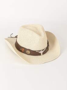 1pc Women Western Cowgirl Gradient Print Decor Faux Leather Band Sun Hat, Fashionable Unisex Spring/Summer Versatile Sun Protection Beach Hat