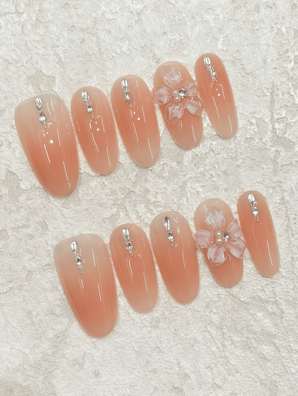 10 piezas de calcomanías de uñas florales translúcidas con forma de almendra, diseño simple y elegante con decoración de rhinestones, hecho a mano, decoración de arte de uñas reutilizable adecuada para uso diario, fiestas, vacaciones, se puede usar con esmalte de gel