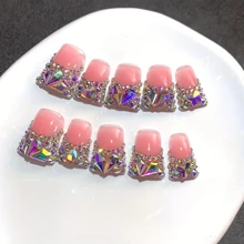 10pcs Elegant Nude Pink French Tip Press-On Nails With Sparkling AB Crystal Rhinestones - Medium Duckbill Shape, Reusable & Salon-Quality For Weddings, Parties & Birthday