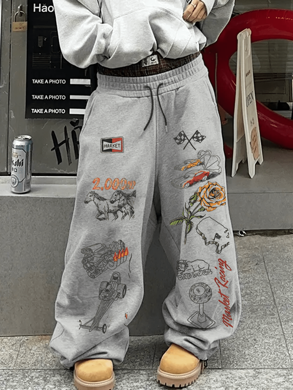 Streetwear bedruckte Jogginghose, lässig weite gerade Beine, englisches Graffiti-Muster, bequeme Streetstyle Sportsweatpants