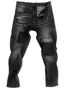 Jeans Slim Fit Hombre, Negro Lavado con Parches y Rotos, Estilo Streetwear Urbano, Manchas de Pintura, Roturas - Blanco y Negro - Ver 3