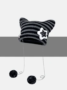 1 Peça Gorro Punk Gótico Y2K Fofo Preto e Branco com Listras e Orelhas de Gato, Gorro de Lã para Mulheres no Outono e Inverno, Gorro de Tricô e Crochê Diabo Pequeno Quente