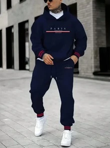 Herren Herbst/Winter Set aus einfarbigem, gestauchtem Langarm Kapuzenpullover und Hose, stilvolles grafisches Druckdesign, Kapuzenpullover mit großen Taschen, verstellbarer Tunnelzug an der Hose, perfekt für Lässig Wear, Club Fußball Training, täglichen Sport