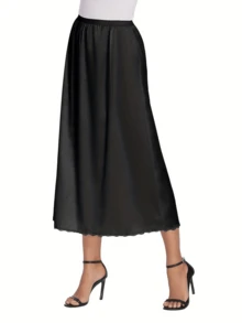 QING ROU Elegant Women's Satin Skirt, Lace Detail Design - Mid-Waist, Slightly Stretchy, Solid Color, Size S To XXL, Can Be Layered Or Worn Alone, Versatile Fashion Skirt | Satin Skirt - Multicolor - View 2
