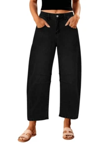 Damen einfarbige Lässig Knopf-Reißverschluss-Taschen Jeans, geeignet für den täglichen Gebrauch in allen Jahreszeiten - Schwarz - Übersicht 2