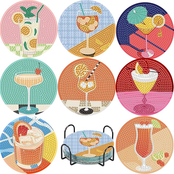 8pcs/Set DIY Diamond Painting Coasters, Elegant Drink Pattern Coasters, Beverage Coasters With Holders, Anti-Slip And Heat Insulation, Handmade Gift, Mosaic Craft