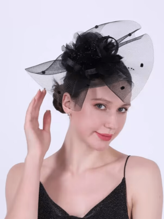 1PC Fascinator Hat For Women – 50s & 60s Flower Mesh Ribbon Feather Headband With Clip, Elegant Tea Party, Kentucky Derby, Or Wedding Headwear, Special Occasion Hat | Vintage Style Hat | Feather Trimmed Hat