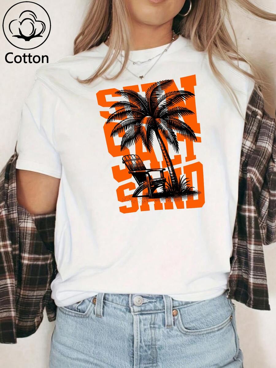 White Short Sleeve Women's T-Shirt, Comfortable Cotton Feeling Fit and Breathable Women's Top Orange Pop Slogan Printed Combo Beach Holiday Coconut Pattern Suitable for Holiday Street Y2K style Suitable for Beach Holiday Outing Street Essential Shirt - 白色 - 查看 1