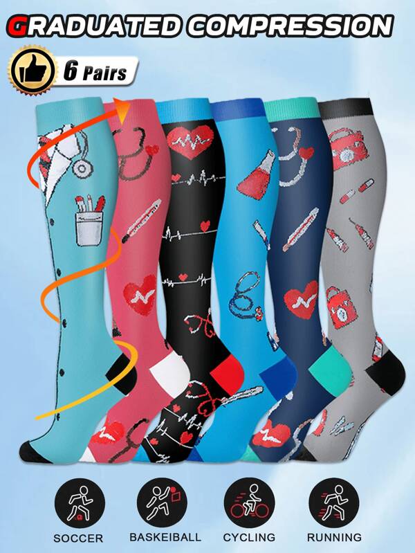6 Pairs Compression Socks, Nurse Themed, Breathable & Moisture-Wicking, Stretchy, Outdoor Hiking, Fitness, Yoga, Running, Polyester Blend, Machine Washable, All-Season, Athletic Tights