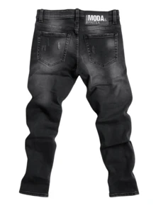 Jeans Slim Fit Hombre, Negro Lavado con Parches y Rotos, Estilo Streetwear Urbano, Manchas de Pintura, Roturas - Blanco y Negro - Ver 4