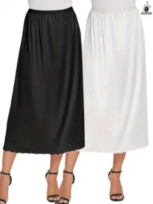 QING ROU Elegant Women's Satin Skirt, Lace Detail Design - Mid-Waist, Slightly Stretchy, Solid Color, Size S To XXL, Can Be Layered Or Worn Alone, Versatile Fashion Skirt | Satin Skirt - Multicolor - View 1