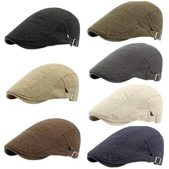 复古美式休闲纯色贝雷帽，男女通用时尚街头潮流帽，英国画家报童风格男士平顶帽