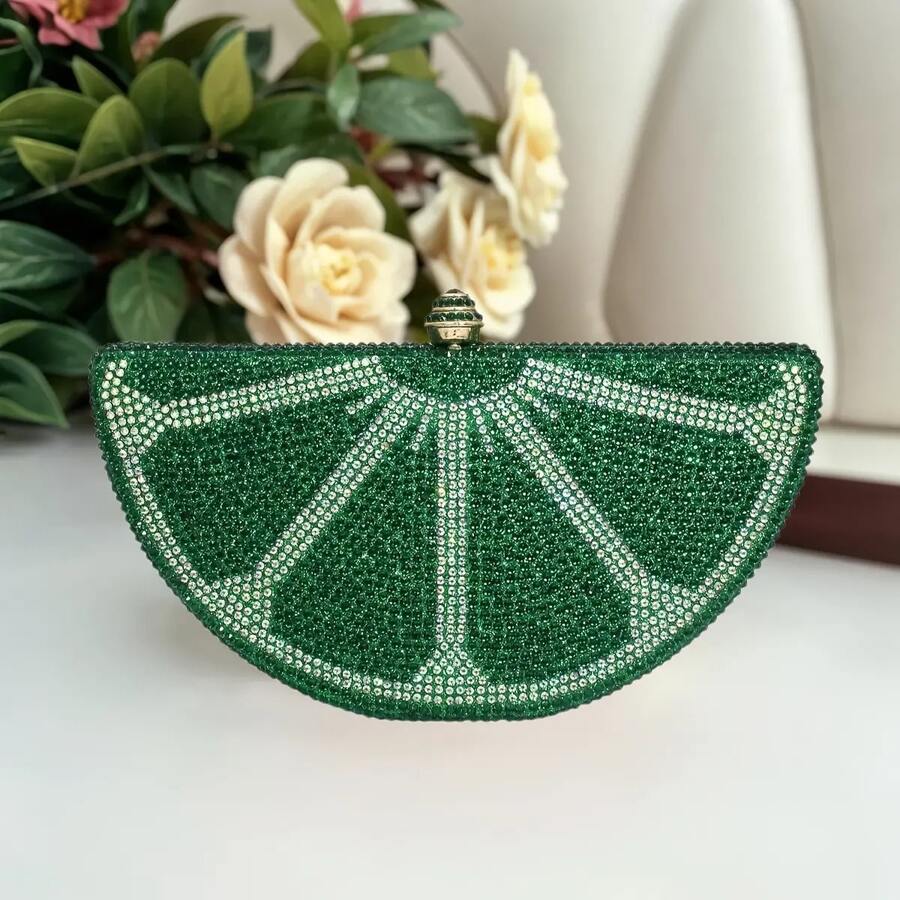 Bolso de mano con forma de fruta para mujer, bonito bolso de noche con diamantes de imitación, bolso de mano con diamantes de imitación, bolso de hombro semicircular para fiesta y cóctel. - Verde - Ver 1