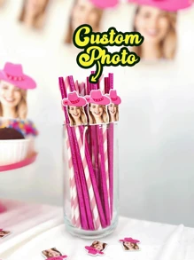 12Pcs Custom Western Cowgirl Paper Straws With Face - Nashville Bachelorette Party Straws - Editable Bachelorette Straws