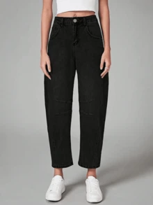 Damen einfarbige Lässig Knopf-Reißverschluss-Taschen Jeans, geeignet für den täglichen Gebrauch in allen Jahreszeiten - Schwarz - Übersicht 6