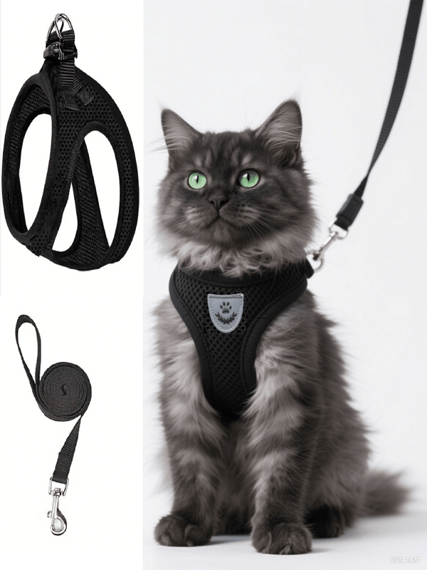 1 set huisdierharnas, gemaakt van polyester, ademende en comfortabele borstband, buitenlijn voor hond/kat, anti-trek, zwart & groen, inclusief 1 borstharnas en 1 lijn
