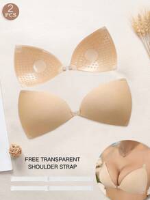 Women's Reusable Black/Colored Self-Adhesive Bra, Fashionable Dress-Style Push-Up Bra With Triangle-Shaped Cups, No Straps Or Shoulder Straps, Silicone Breast Pads, Sexy Lingerie Accessory, Includes A Removable Transparent Strap, Seamless Nude-Colored Lingerie With Button Design, Suitable For Dresses, Parties, Weddings, Formal Wear, Or Everyday Wear.