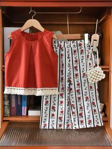 2 件套年轻女孩休闲条纹背心和长裤套装，夏季 - 紅色 - 查看 1