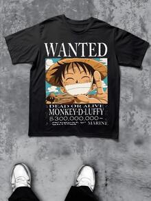Summer Style  One Piece Anime Men's 220g T Shirt 1pcs  Casual Tee 100% Cotton Digital Printed T Shirt - 黑色 - 查看 1