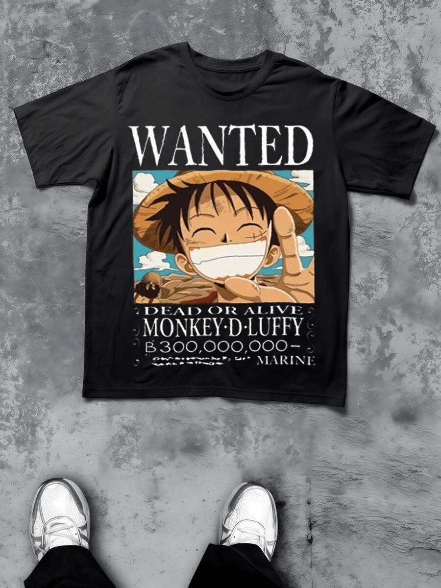 Summer Style  One Piece Anime Men's 220g T Shirt 1pcs  Casual Tee 100% Cotton Digital Printed T Shirt - 黑色 - 查看 1