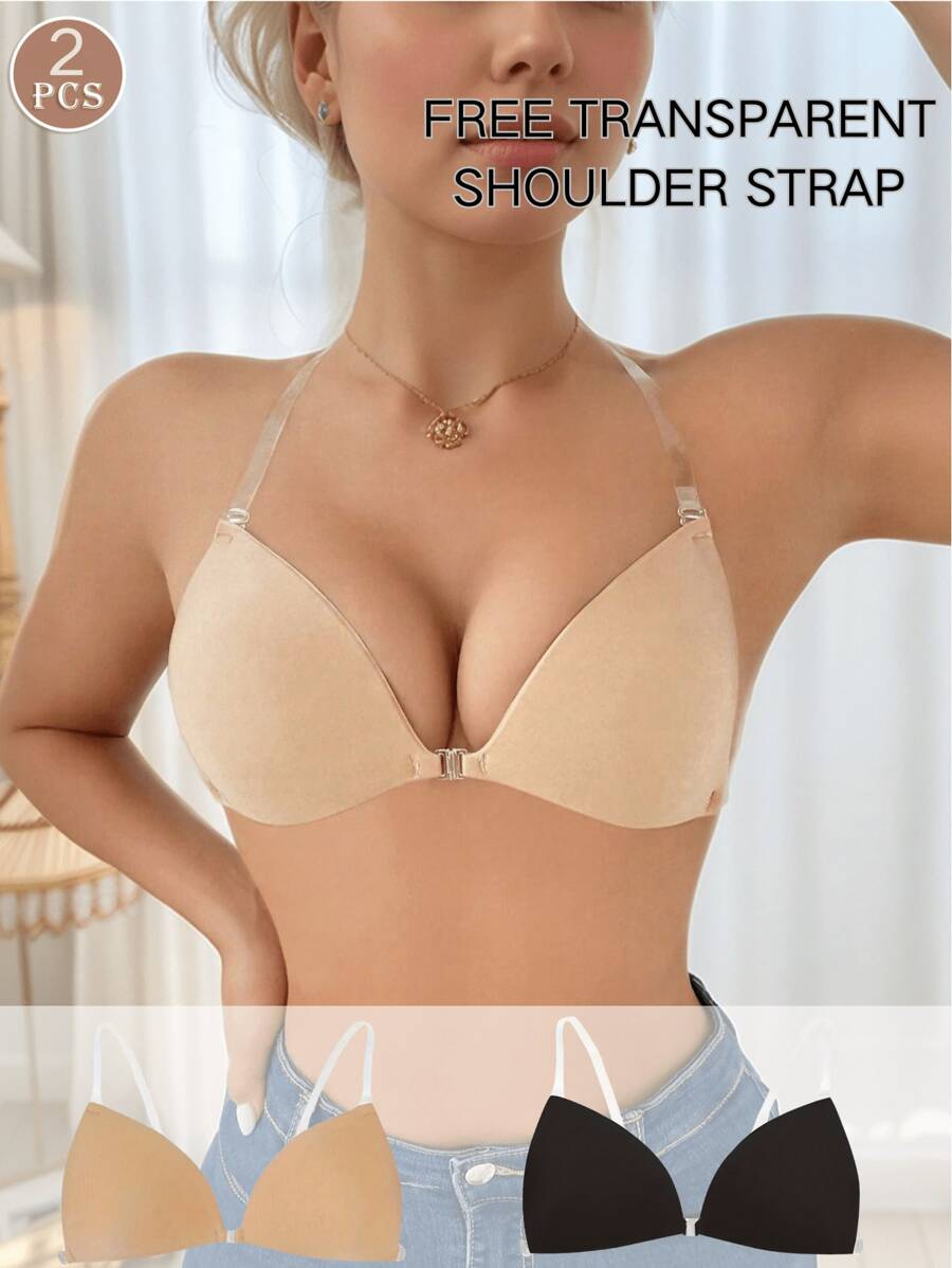 Women's Reusable Black/Colored Self-Adhesive Bra, Fashionable Dress-Style Push-Up Bra With Triangle-Shaped Cups, No Straps Or Shoulder Straps, Silicone Breast Pads, Sexy Lingerie Accessory, Includes A Removable Transparent Strap, Seamless Nude-Colored Lingerie With Button Design, Suitable For Dresses, Parties, Weddings, Formal Wear, Or Everyday Wear.