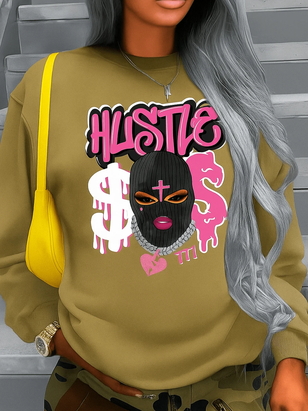 Women's Crew Neck Sweatshirt Plus Size Style Model: "Hustle S.O.S Bandida" - SPECIAL Launch 2025 - Khaki - View 1