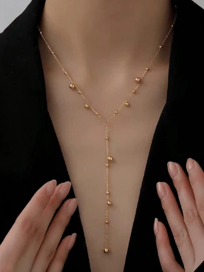 1pc 18K Gold Plated Stainless Steel Long Tassel Beaded Chain Necklace, Intellectual Women Necklace
