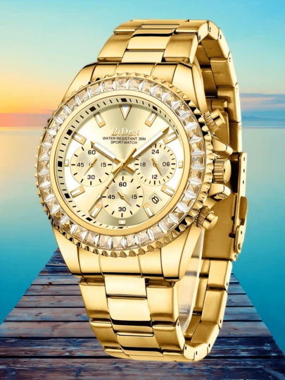  BIDEN 男士计时手表，时尚商务手表，夜光指针，日期显示，不锈钢表带，男士休闲石英表，含礼盒和表带切割器