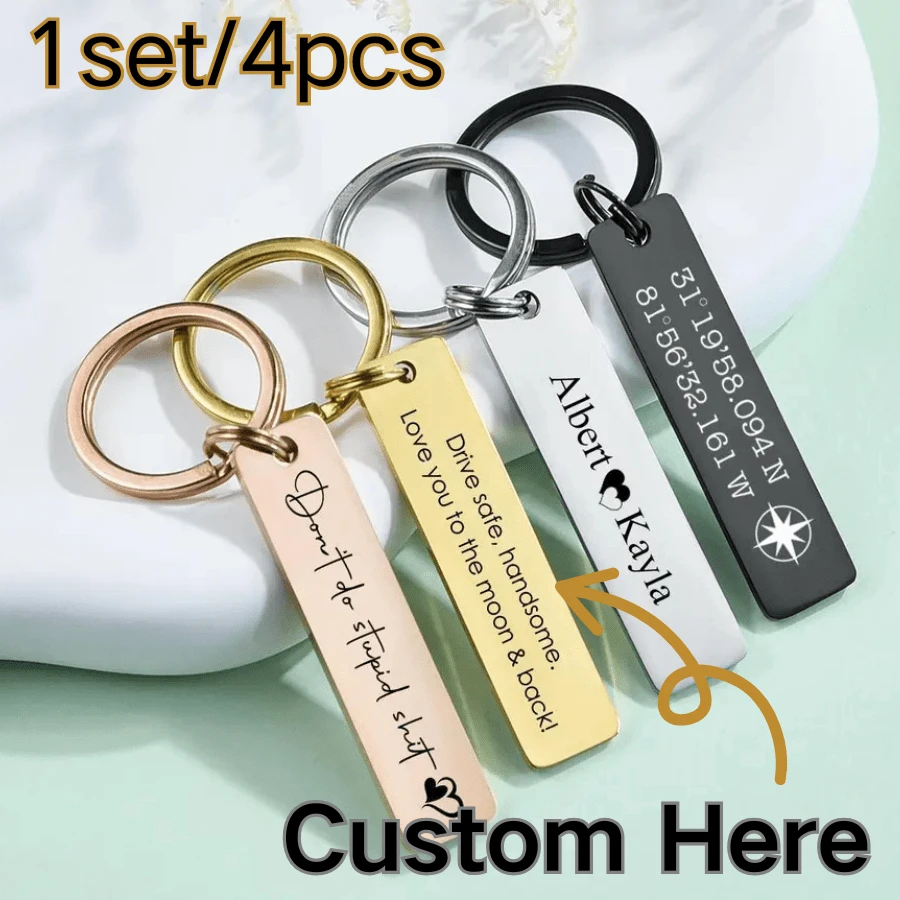 4pcs Customized Personalized Stainless Steel Keychain, Engraved Text Name Metal Keyring, Travel Bag Pendant, Unisex, Glossy Finish, Minimalist, Suitable As Gift For Men, Women, Friends, Family, Relatives, Children, Anniversary, Birthday, Wedding, Graduation, House Warming, Classmates