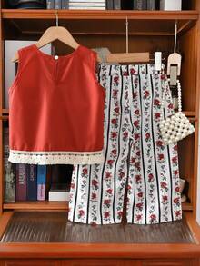 2 件套年轻女孩休闲条纹背心和长裤套装，夏季 - 紅色 - 查看 2