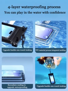 高透明防水手机袋，采用加厚 PVC 材料制成，防水、防尘、防沙深度达 20 米，灵敏的触摸操作，支持照片和视频捕捉，配有可调节的背带，适合所有智能手机，包括 等。 - 黑色 - 查看 5