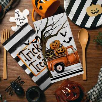 2/4/48pcs Halloween "Trick Or Treat" Printed Dish Towels, Halloween Party Decorations, Cleaning Mats, Suitable For Restaurant, Kitchen, Bathroom, Daily Decoration, Family Gathering Decor, Household Items, Great Gift For Elders And Friends