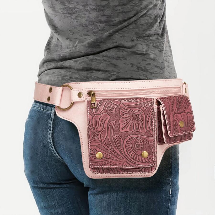 Style Waist Bag - Vintage Synthetic Leather Fanny Pack With Multiple Compartments, Golden Studs & Buckles For Women, Perfect For Outdoor Sports, Travel, And Casual Wear - 粉色 - 查看 1