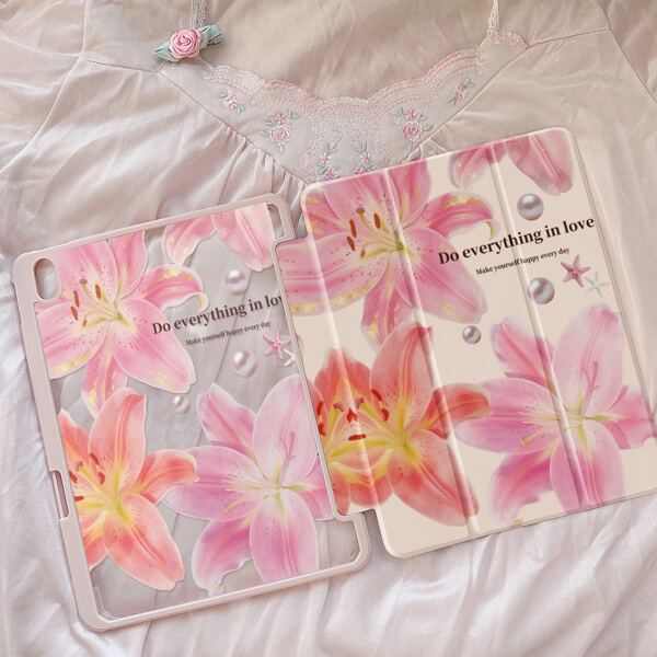 Une belle étoile de mer rose peinte recto verso en acrylique transparent cristal arrière, résistant aux chocs, adapté aux étuis de protection iPad 7e génération, 8e génération (10,2 pouces) et 10e génération, avec emplacement pour stylo intégré, prend en charge les fonctions de veille et de réveil, cadeau de vacances, cadeau du Nouvel An.